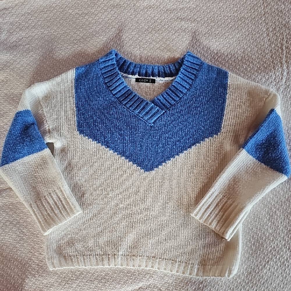 V-Neck Chevron Colorblock Sweater in Blue and Cream